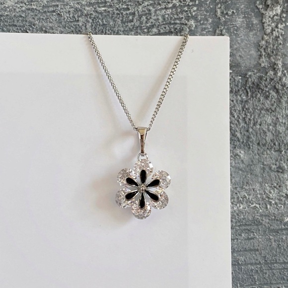 Flower Necklace | Platinum Plated Elegant Black Enamel Luxury Jewelry - Picture 4 of 8